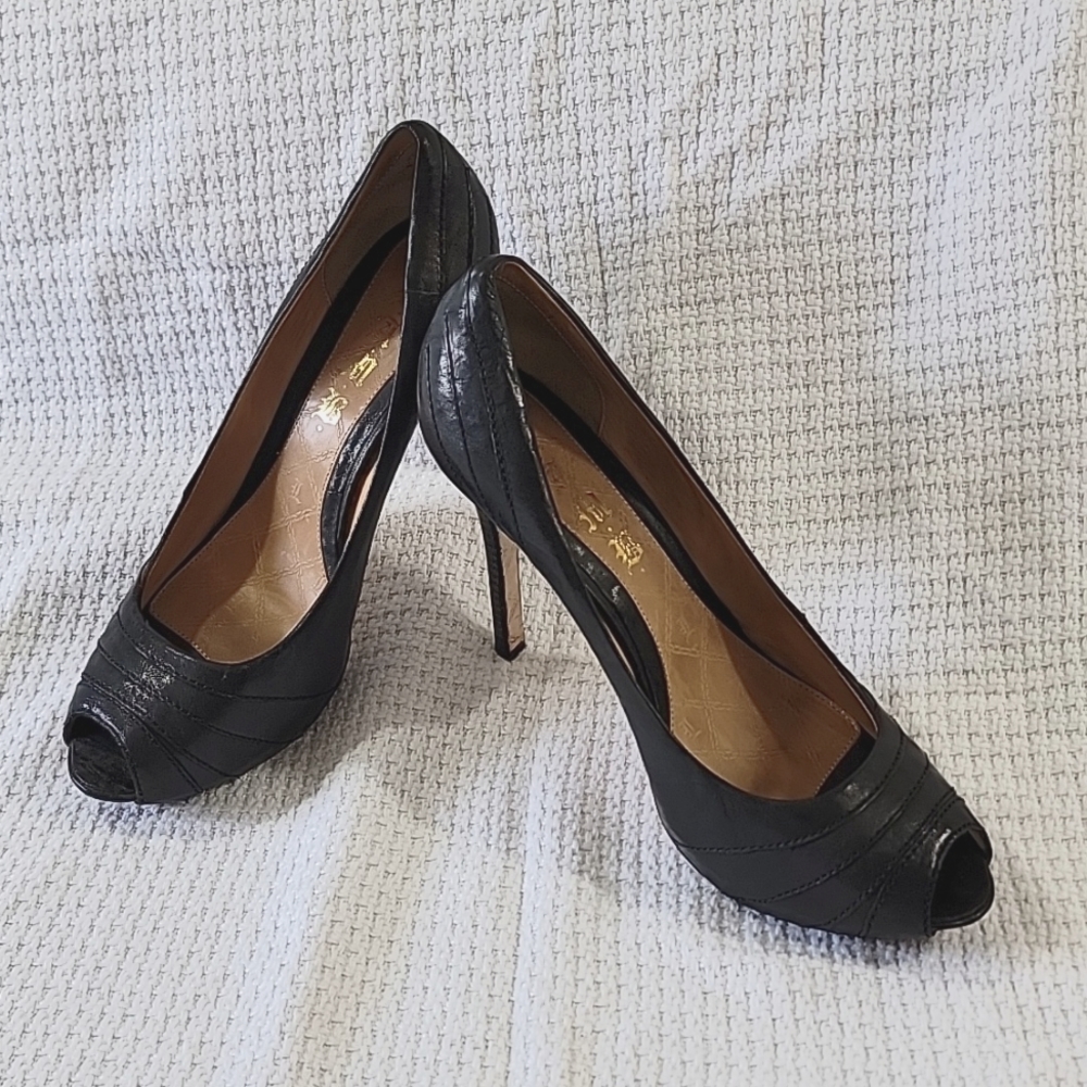 L.A.M.B. Tansy Peeptoe Black Leather Heels Size US Women's 10 *USED CONDITION*